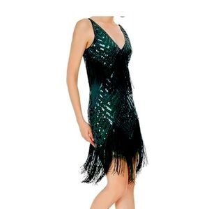 Babeyond 1920’s emerald green sequin and fringe flapper dress size L
